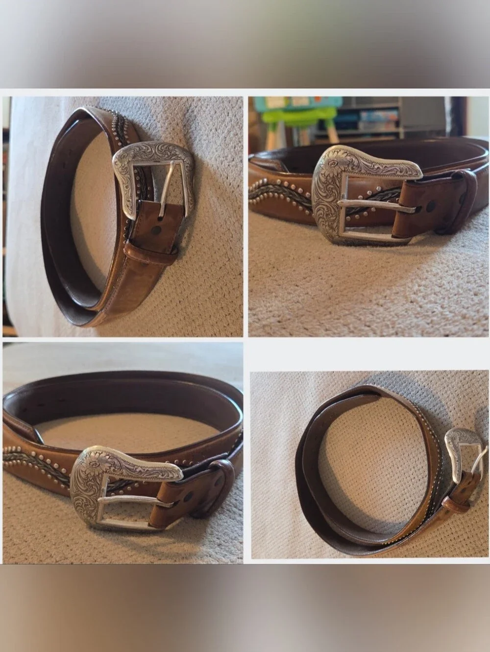 Vintage 1990's 3-D DDD Genuine Leather brown studded Braided Horse Hair Belt - Picture 8 of 16